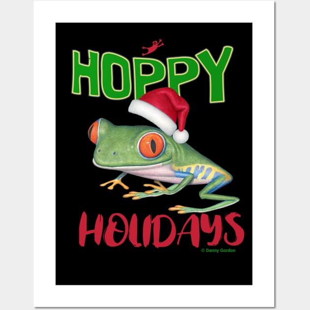 Cute Red Eyed Tree Frog on a Merry Christmas Hoppy Holidays Frog Wall Art by Danny Gordon Art